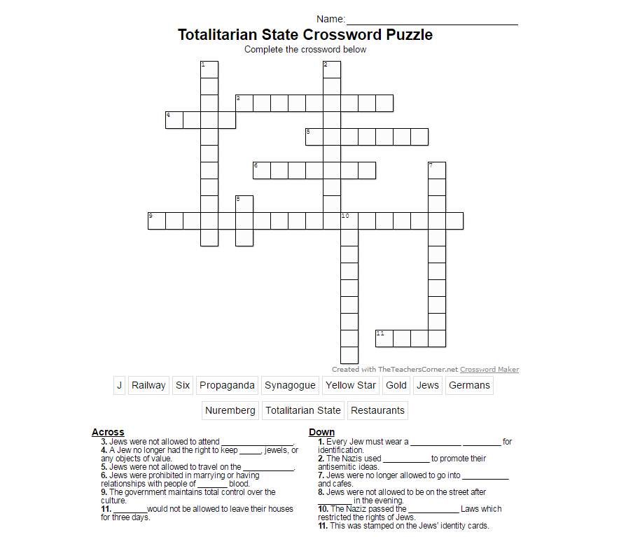 Totalitarian State Crossword Puzzle Sanjana Vadlamudi